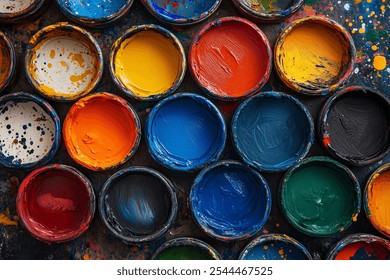 Top view of paint pots in bright colors. Close-up of various paint containers. Vivid paints. - Powered by Shutterstock