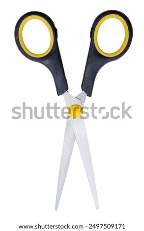 Top view of pair of multipurpose scissors with black and yellow handle is isolated on white background with clipping path.
