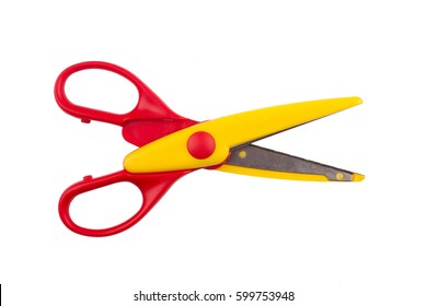 top view of a pair of red colored plastic open scissors isolated on white background