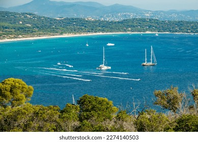 Top view of Pampelone beach, in Ramatuelle, in France, located in the Var department, in the French Riviera, in the Provence-Alpes-Côte d'Azur region, in Europe