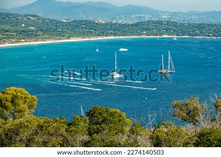 Top view of Pampelone beach, in Ramatuelle, in France, located in the Var department, in the French Riviera, in the Provence-Alpes-Côte d'Azur region, in Europe