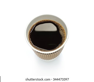 Top View Of Paper Cup Of Coffee, Isolate On White Background