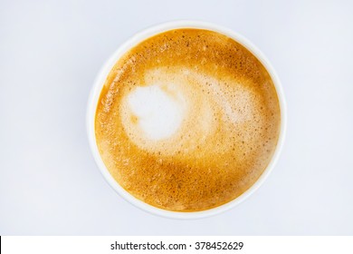 Top View Of A Paper Cup Of Coffee, Isolate On White.