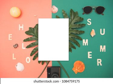 Top View Paper Mockup Template Nature Tropical Monstera Palm Leaf On Color Background. Flat Lay.