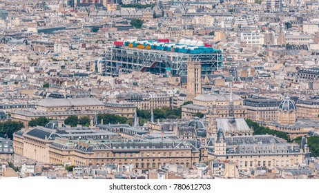 Top view of Paris skyline from above timelapse. Main landmarks of european megapolis with Centre of Pompidou. Bird-eye view from observation deck of Montparnasse tower. Paris, France
