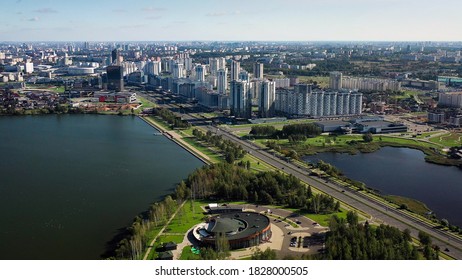 Top view of the Park and the city on Pobediteley Avenue near the Drozdy reservoir.Minsk, Belarus
