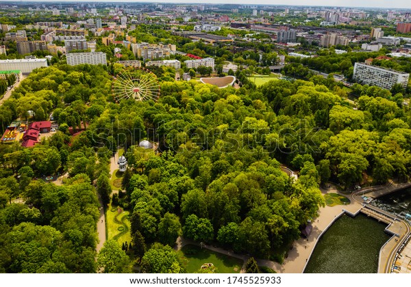 Top view of a Park in Minsk\
with a Ferris wheel.A bird\'s-eye view of the city of Minsk\
.Belarus