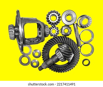 Top View Parts Gear Cog Differential Engine For Car Truck On Yellow Background With Path