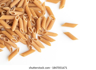 Top view pasta. Whole wheat pasta over white background