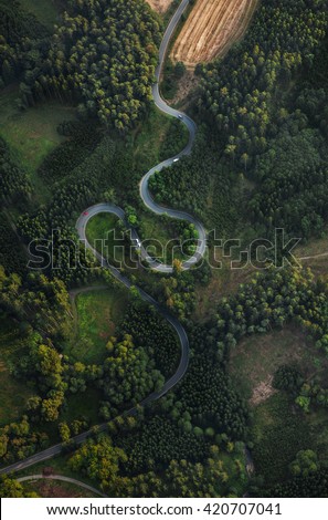 Top view of the path through the trees. View from balloon