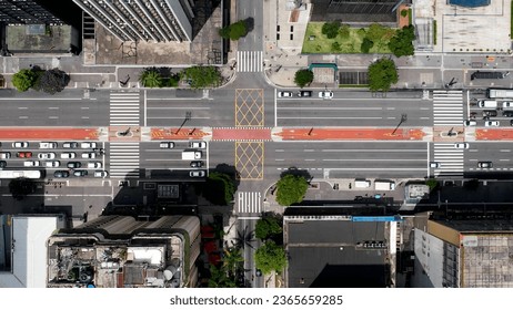 Top view of Paulista avenue at downtown Sao Paulo Brazil. Stunning landscape of landmark avenue of city. Urban aerials.