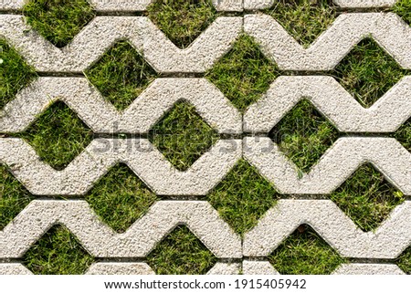 Top view of paving slabs with grass sprouting through them. Textured patterned background.
