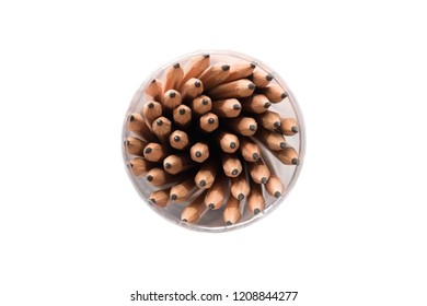 Top view pencils in pencil case white background  