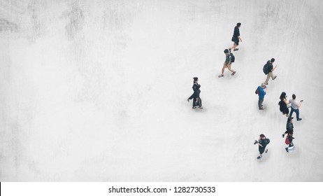 Top View Of People Walk On White Grey Paint Texture On Background.