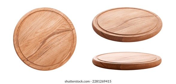 Top view and perspective of empty wood plate isolated on white background - Shutterstock ID 2281269415
