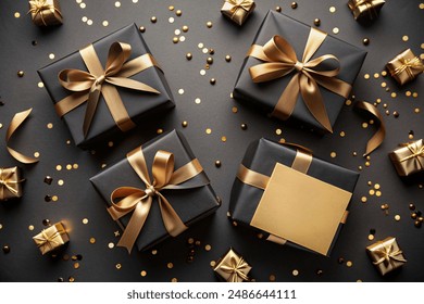 Top view photo of black gift boxes with black ribbon bow tag and golden confetti on isolated black background with blank note - Powered by Shutterstock