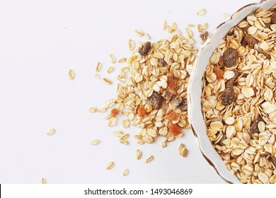 Top View Photo Of Granola Pile Isolated On White Background, Muesli Texture For Good Health