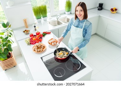 Top View Photo Portrait Smiling Woman In Apron Cooking Omelette Adding Mushrooms At Home