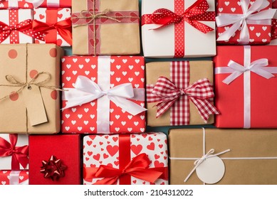 Top view photo of saint valentine's day decorations a lot of presents different gift boxes with bows