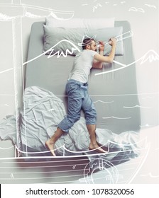 Top View Photo Of Young Man Sleeping In A Big White Bed. Dreams Concept. He Dreaming About Travel, Ship, Captain, Trip, Sea, Vacation, Tourism, Cruise, Summer. Painted Dream