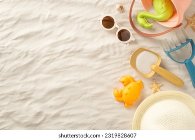 Top view photograph featuring a beach setting with panama hat, sand toys for sandcastle, seashells and starfish and sunglasses on sand. Copy space available for advertising a family summer vacation - Powered by Shutterstock