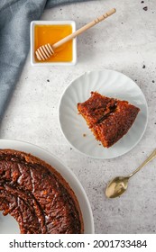 Top View Photograph Of A Honey Cake Called Leicaj, Jewish And Vegetarian Food.