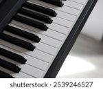 Top view of the piano keyboard. A musical monochrome instrument. Black and white keys of digital piano, organ, grand piano