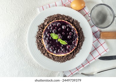 Top view of piece of sweet dessert on small dish plate for serve like chocolate strawberry cheesecake custard waffle and ice cream with berries on white mulberry paper. - Powered by Shutterstock