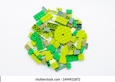 Top View Of Pile Of Green Bricks Blocks Isolated On White Background