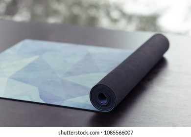 Top View Of Pilled Yoga Mat On The Floor, Close Up, No People, Yoga Concept