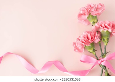 Top view of pink carnations and pink ribbon for mother's day