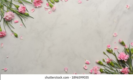 Top View Of Pink Flower Decorated On Marble Desk, Flower Background 