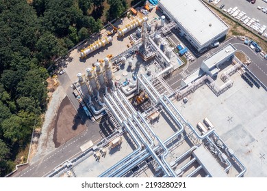 Top View Of The Pipeline System Of A Chemical Plant, Air Purification System On The Roof Of A Building