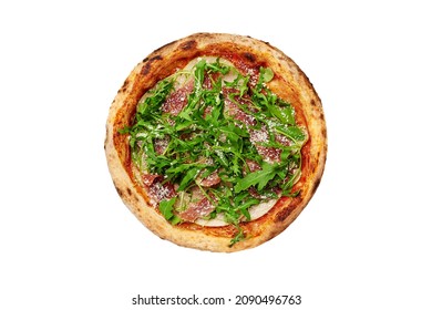 Top View Of Pizza With Ham, Pear, Arugula And Grated Parmesan Isolated On White