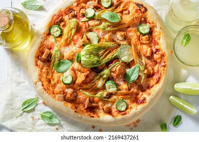 Top View Of Pizza Served With Cold And Summer Lemonade