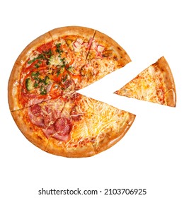 Top view of pizza. Sliced pizza overhead view isolated over white background. Flat lay.