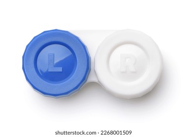 Top view of plastic contact lens storage case isolated on white