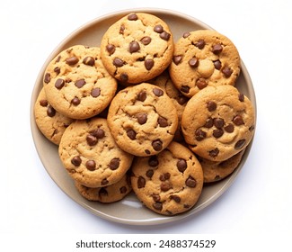 Top view of a plate of chocolate-chip cookies, isolated on white background. - Powered by Shutterstock