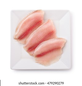 Top View Of  Plate With Raw Fish Fillet Isolated On White