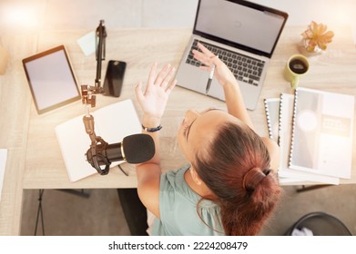 Top View, Podcast Microphone And Woman On Laptop Recording Audio For Live Streaming Mockup. Presenter, Host And Female Influencer On Mic For Talk Show Broadcast, Radio Or Talking To Online Audience.