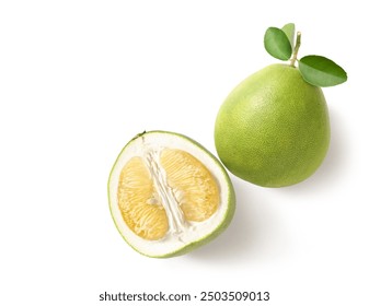 Top view of Pomelo fruit with half slices isolated on white background. Clipping path.