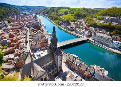 The top view of Pont Charles de Gaulle bridge over Meuse river in Dinant, Belgium