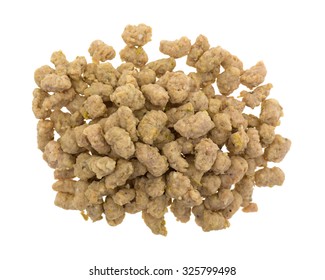 Top View Of A Portion Of Crumbled Italian Sausage For Pizzas Isolated On A White Background.