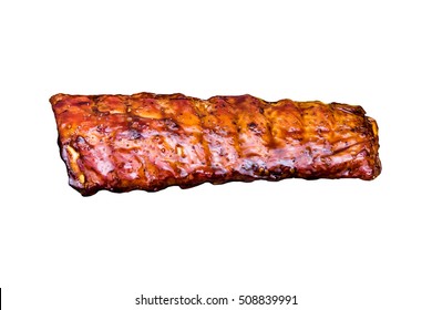 Top View Portion Of Delicious Spicy Marinated Spare Pork Ribs Barbecued Isolated On White Background. American Food, Flat Lay, Composition From Above. Grill And Barbecue Concept.