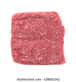Top view of a portion of lean ground packaged beef isolated on a white background.