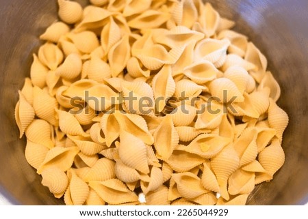 top view of portion of uncooked conchiglie rigate pasta in saucepan