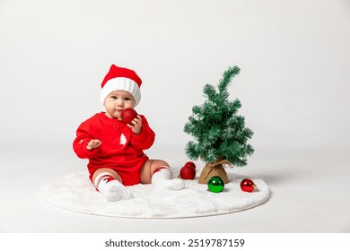 Top view portrait of cute little newborn baby girl, wearing red Santa hat holds Christmas balls near Christmas tree on white background. Christmas and New Year concept. High quality photo, copy space - Powered by Shutterstock