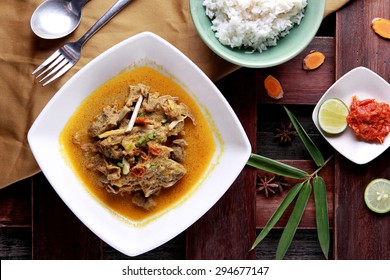 Top View Portrait Of Indonesian Food Gulai Kambing Served With Rice