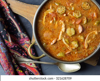 Top View Of A Pot Of Gumbo. 