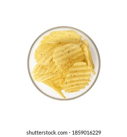 Top view of potato chips in glass bowl isolated on white background